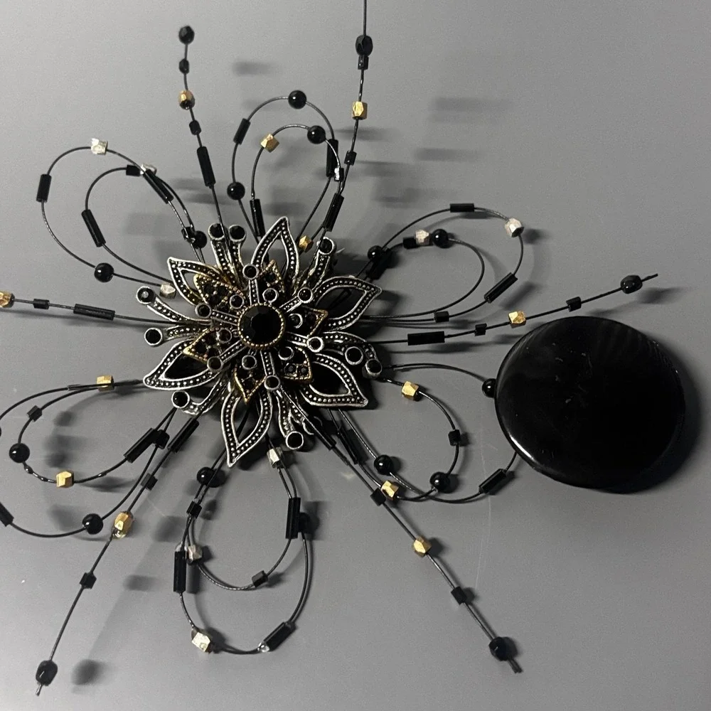 Large‎ Statement Flower Starburst Brooch Pin Black Rhinestone Beaded Silver Tone